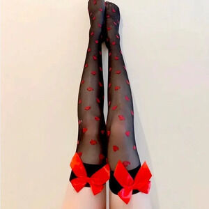 NEW! Valentine’s Day Black & Red Heart Print Bow Thigh High Stockings/ Socks